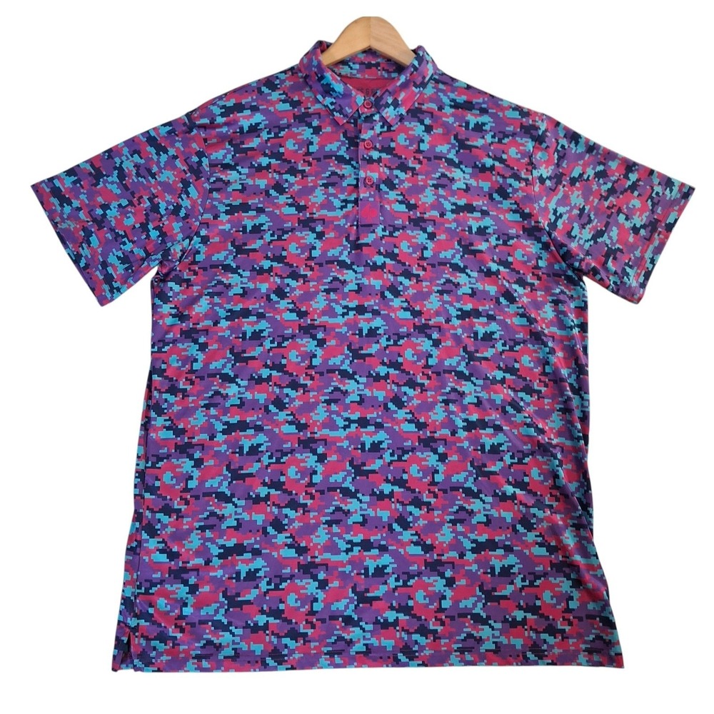 Pins & Aces Golf Polo Shirt Men's XL Digital Camo Purple Pink Teal Short Sleeve